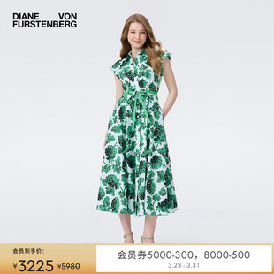 连衣裙DS2T013 式 DVF夏日绿莓果印花立领收腰设计度假风短袖 衬衫