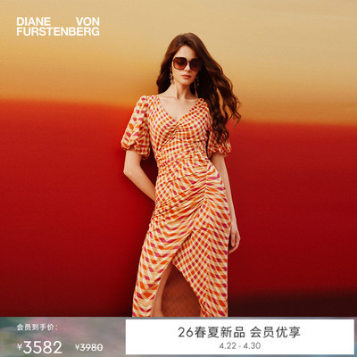 DVF2026春夏新款V领橘色海浪几何纹泡泡袖修身连衣裙DS1U025