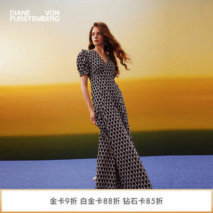 DVF2026春夏新款 黑白蕾丝刺绣棉连衣裙DS1U017 V领茶歇裙泡泡袖