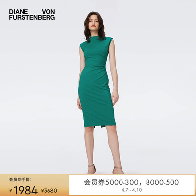 DVF圆领春意绿纯色时尚腰部捏褶设计修身中长款连衣裙MR45E00