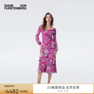 一字肩魅惑粉柳枝花卉连衣裙DL4T011 DVF2026早春新款 弹力网纱