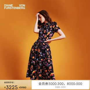 连衣裙DS1T012 短袖 DVF POLO领茶歇裙幸福花园图案印花泡泡袖