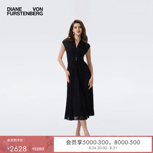 [花卉蕾丝]DVF优雅V领曜石黑浪漫蕾丝轻薄无袖收腰连衣裙DS2T017
