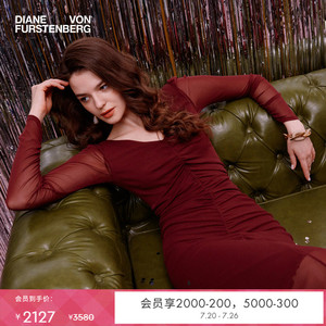 [弹力网纱]DVF酒红色V领通身褶裥设计显瘦轻薄修身连衣裙DL4R007