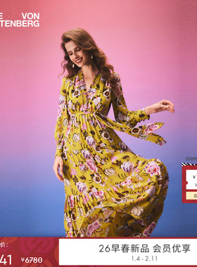 [海岛度假]DVF2026早春新款月光黄柳枝花卉宴会连衣裙DL4T018