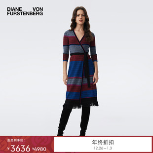 粉蓝条纹复古针织提花裹身裙DR3T001 DVF2025秋冬新款 提花工艺