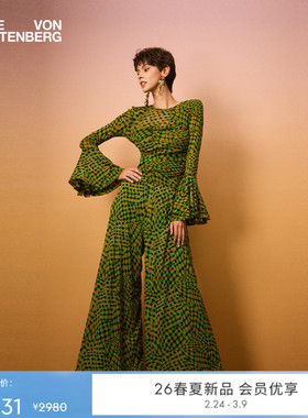 [海岛度假]DVF2026早春新款绿色浮动格纹喇叭袖上衣BL4T005