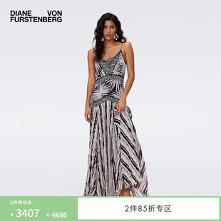 粉黑印花長(zhǎng)裙夏季 博主同款 DVF女裝 海島度假吊帶連衣裙DS2S034