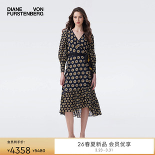 DVF2026早春新款 V领度假金色罗盘玫瑰几何印花图案裹身裙DW4T010