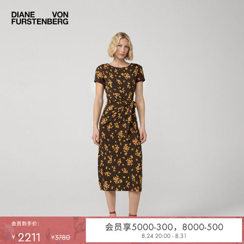 DVF2026春夏新款圆领棕色海岛花束度假风碎花连衣裙DS1U002