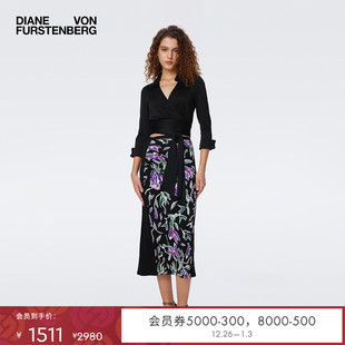 DVF气质曜石黑色植物印花拼接半裙KM2S004