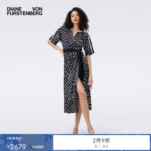 DVF黑白波点几何图案裹身裙