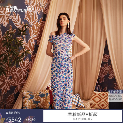 [七夕礼物]DVF2026早秋新款弹力网纱淡紫海岛铃兰碎花斜肩连衣裙