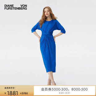 DVF纯色月辉蓝圆领短袖 连衣裙DS1T002 扭结修身