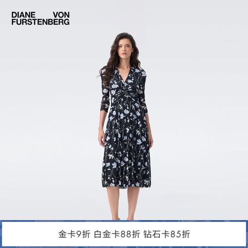 [弹力网纱]DVF2026早秋新款黑白午夜玫瑰围裹式碎花连衣裙DL2U009