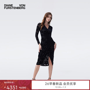 黑色藤蔓丝绒修身 DVF2026早春新款 连衣裙DL4T021 重工烧花丝绒