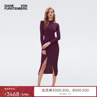 DVF气质红裙安可拉红镂空开衩长袖 中长罗纹针织连衣裙DK3R001