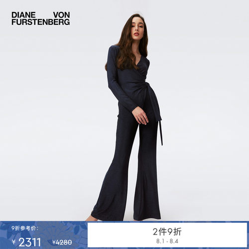 DVF金属午夜蓝V领微喇连体裤