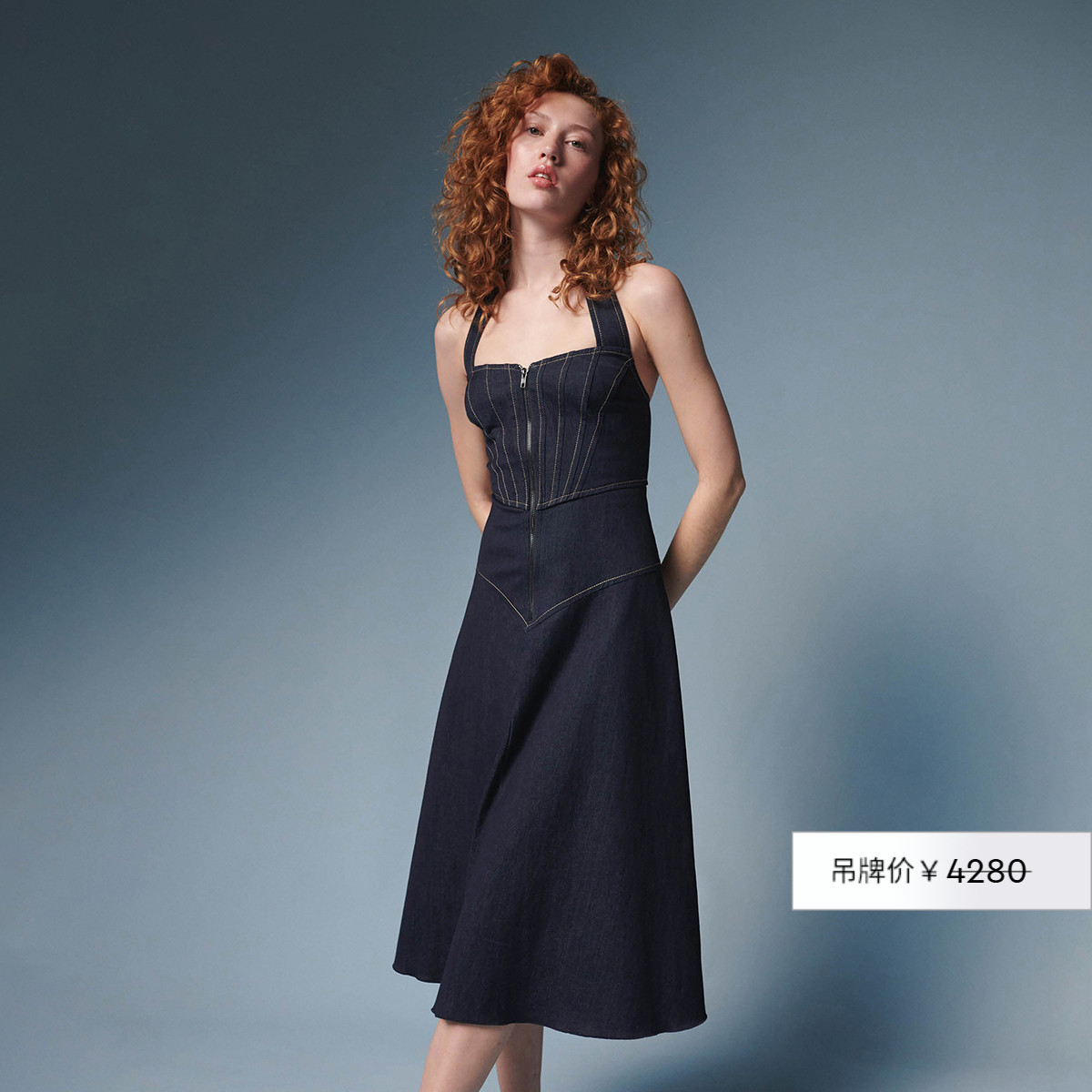 DVF系脖露背牛仔长款连衣裙