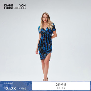 [博主同款]DVF 气质V领抽象印花弹力网纱仿裹身轻薄连衣裙DW2R021