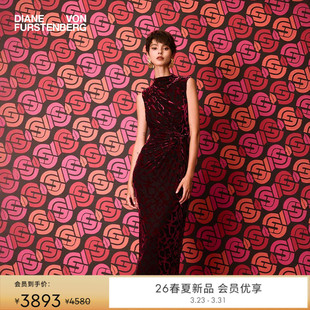 礼服酒红阿拉伯藤曼裹身裙DW4T005 DVF2026早春新款 重工烧花丝绒