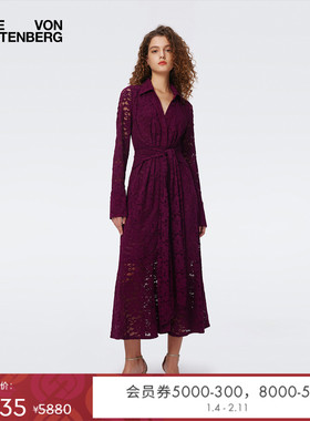 [重工蕾丝花卉]DVF梅子红气质纯色蕾丝长裙连衣裙DL3S041