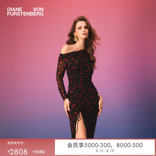 [重工植绒网纱]DVF2026春夏新款优雅落肩锁爱红唇连衣裙DL4T009