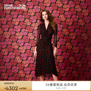锁爱红唇长袖 DVF2026早春新款 裹身连衣裙DW4T007 重工植绒网纱