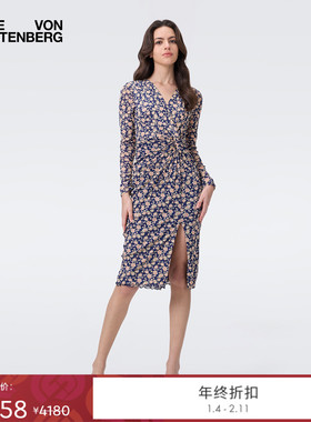 DVF2025秋季新款蓝橙星图繁花弹力网纱长袖裹身裙连衣裙DW2T003