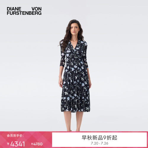 [弹力网纱]DVF2026早秋新款黑白午夜玫瑰围裹式碎花连衣裙DL2U009