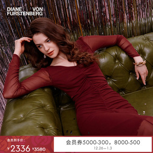 DVF礼服宴会安可拉红年会弹力网纱长袖 连衣裙DL4R007 修身