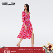 度假法式 DVF 方领郁金香印花中长款 连衣裙DL2R004