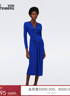 DVF V领蓝色哑光针织长袖中长款纯色连衣裙DL4R036