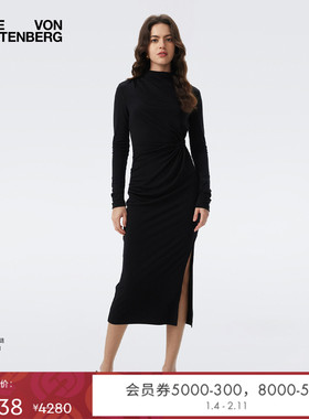 [小黑裙]DVF2025秋冬新款曜石黑天丝羊毛长袖连衣裙DL3T009E