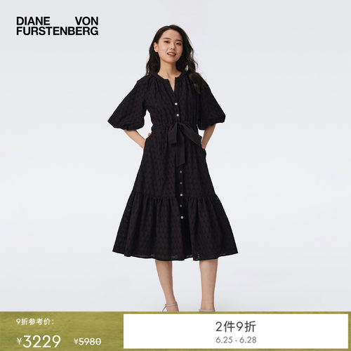 DVF灯笼袖纯色曜石黑连衣裙