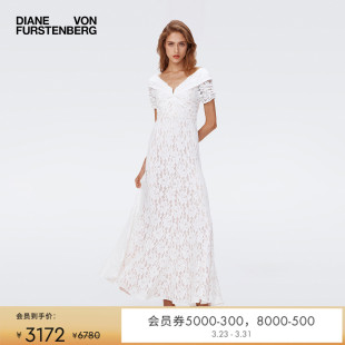 DVF轻礼服一字领色蕾丝小白裙长裙连衣裙DS2S061