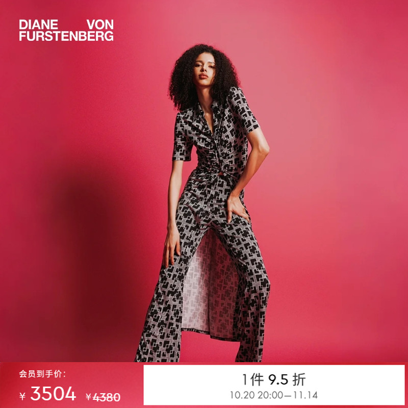 DVF黑灰摩登几何短袖衬衫连衣裙
