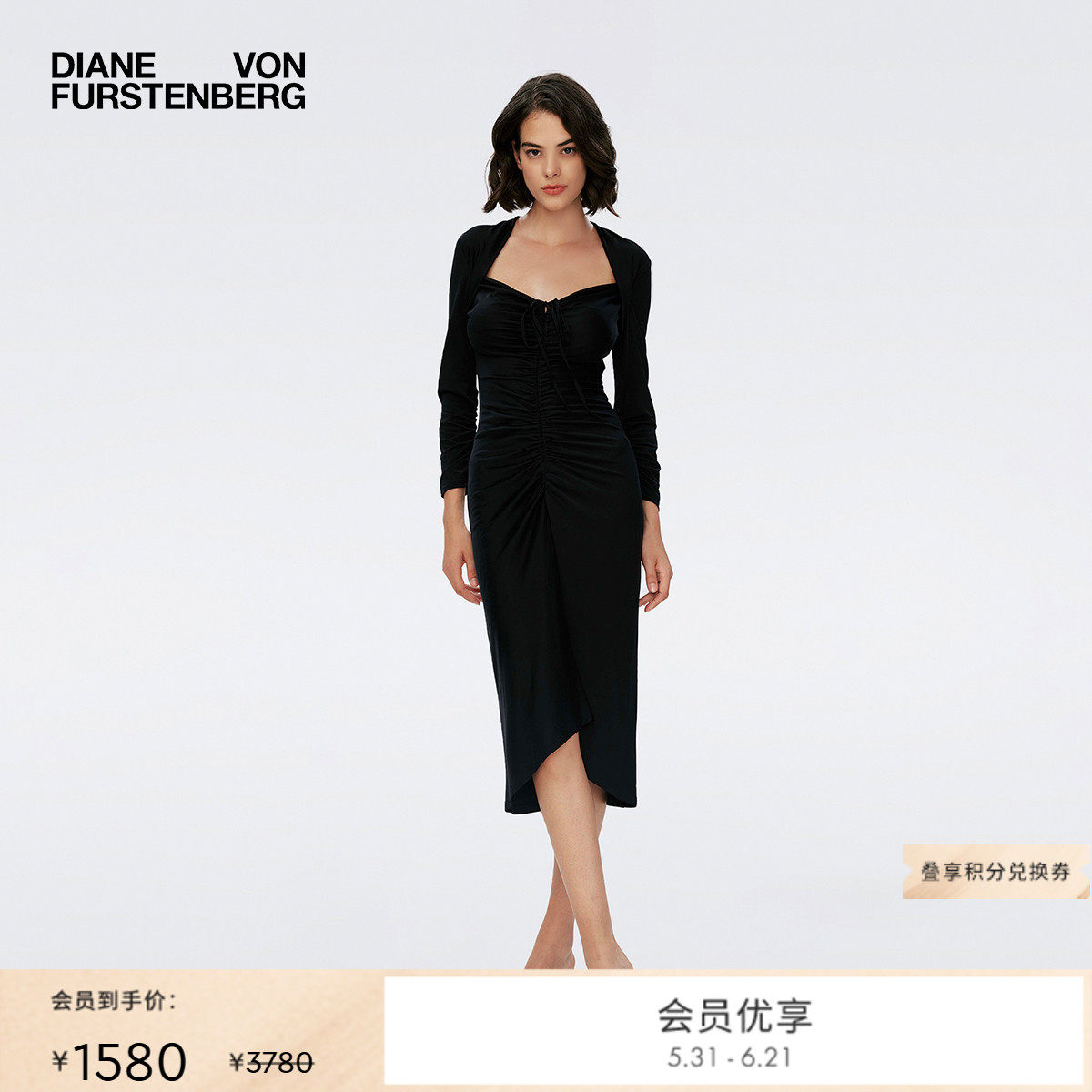 [玫瑰相似款][小黑裙]DVF黑色复古轻礼服中长款轻薄连衣裙DL1S006