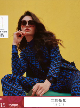 [提花工艺]DVF2025秋冬新款针织提花蓝色菱格纹西装短外套JN3T002