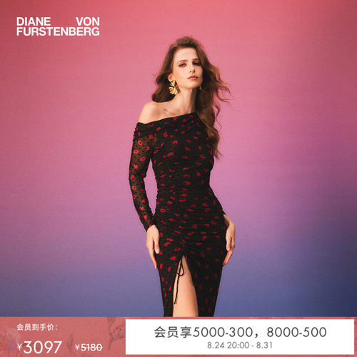 [重工植绒网纱]DVF2026春夏新款优雅落肩锁爱红唇连衣裙DL4T009