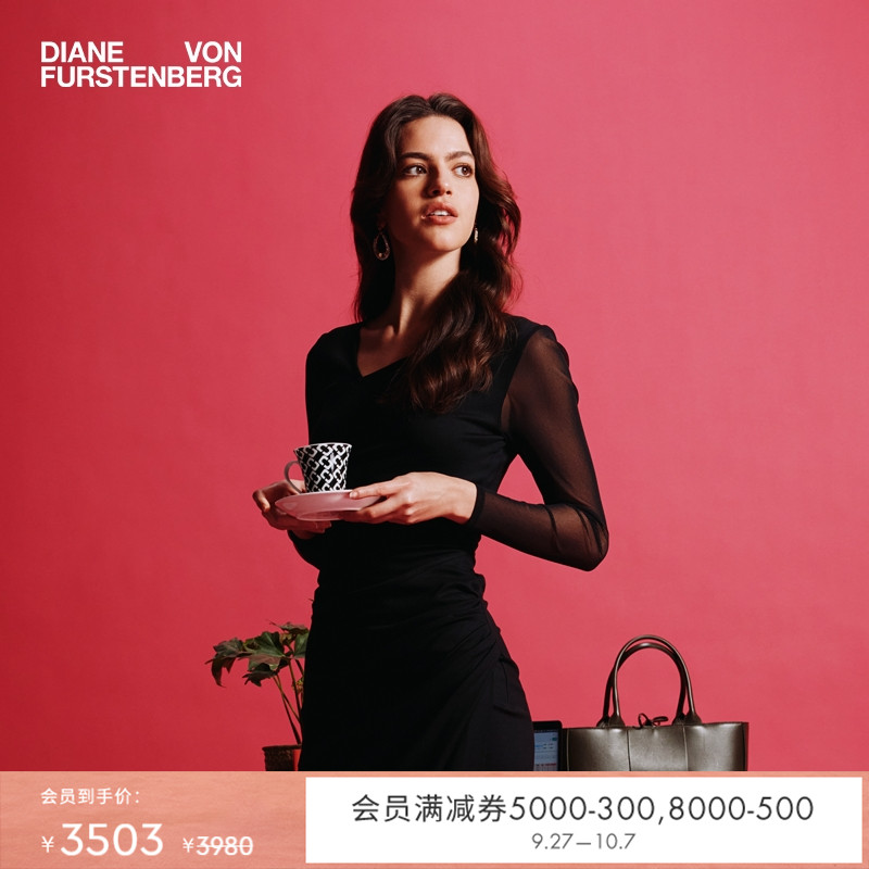 DVF曜石黑纯色V领裹身连衣裙