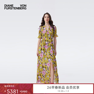 DVF2026早春新品 收腰雪纺连衣裙DS4T003 月光黄柳枝花卉V领短袖