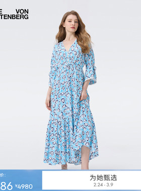 [海岛度假]DVF2025秋冬冰河蓝藤蔓花卉图案七分袖连衣裙DL2T012