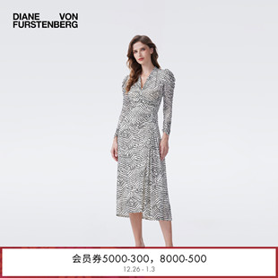 象牙白波纹圆点长袖 DVF2026早春新款 裹身裙DW4T007 重工植绒网纱