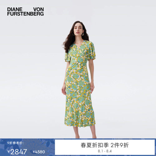 DVF2026春夏新款度假风海沫绿摩登比芭玫瑰轻薄裹身裙DW1U012