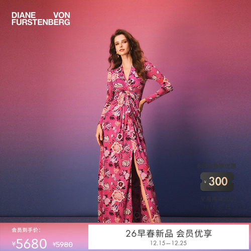 [弹力网纱]DVF2026早春新款魅惑粉柳枝花卉V领礼服连衣裙GL4T004