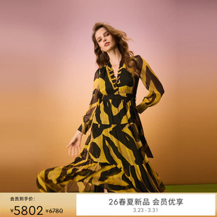 DVF2026早春新款 连衣裙DL4T019 V领黑金色水墨虎纹轻薄雪纺长款