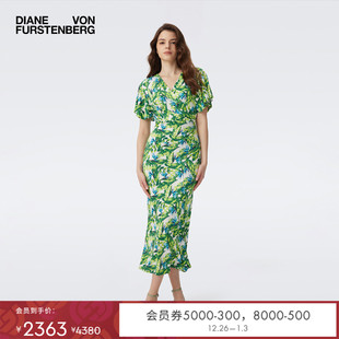 度假绿色羽翼荷叶袖 DVF2025新款 中长裹身裙DW1T008 博主同款