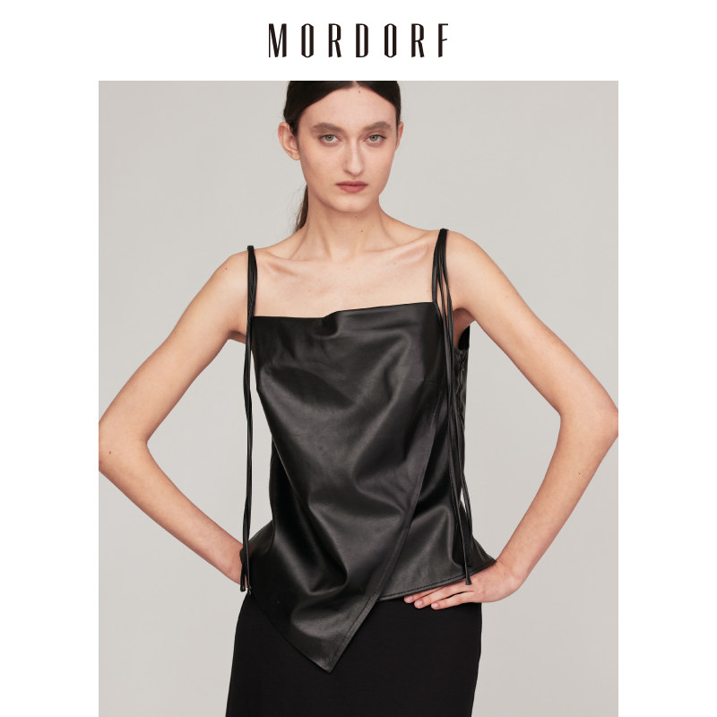 MORDORF皮质吊带背心女黑色春季新款酷飒设计感绑带无袖上衣外穿