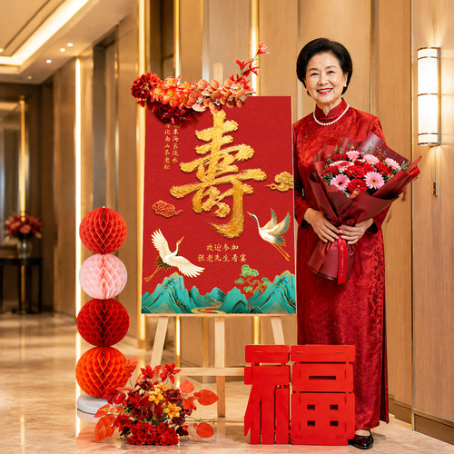 老人生日寿宴氛围迎宾牌KT板